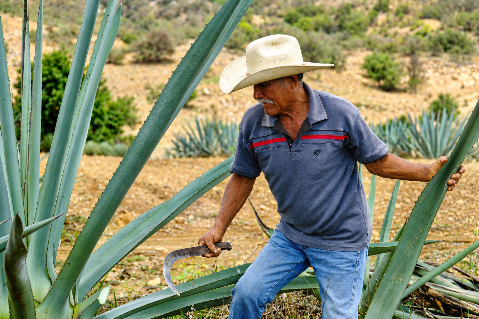 A mezcalero harvesting agave in the field with a traditional coa tool